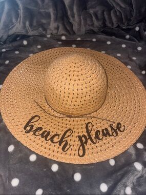 Wide-Brim Straw Beach Hat - "Beach Please"